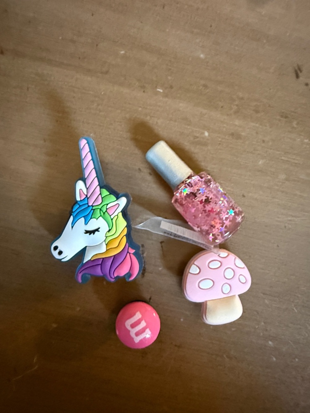 Jibbitz Lot - Unicorn, Pink Glitter Nail Polish, Mushroom and m&m